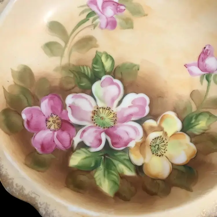 Early 1900s Hand-Painted Dogwood Floral Bowl 9.25" dia