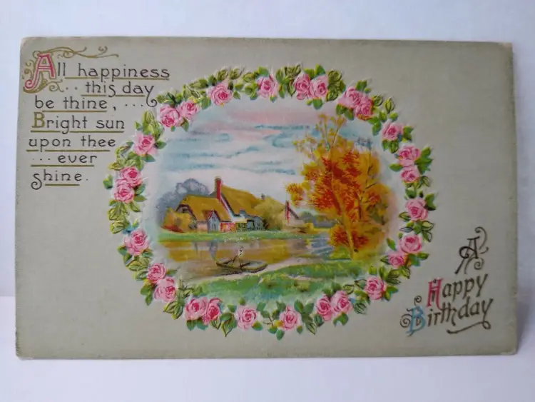 Birthday Postcard Country Lake Canoe Boat Pink Flowers Embossed Winsch Back
