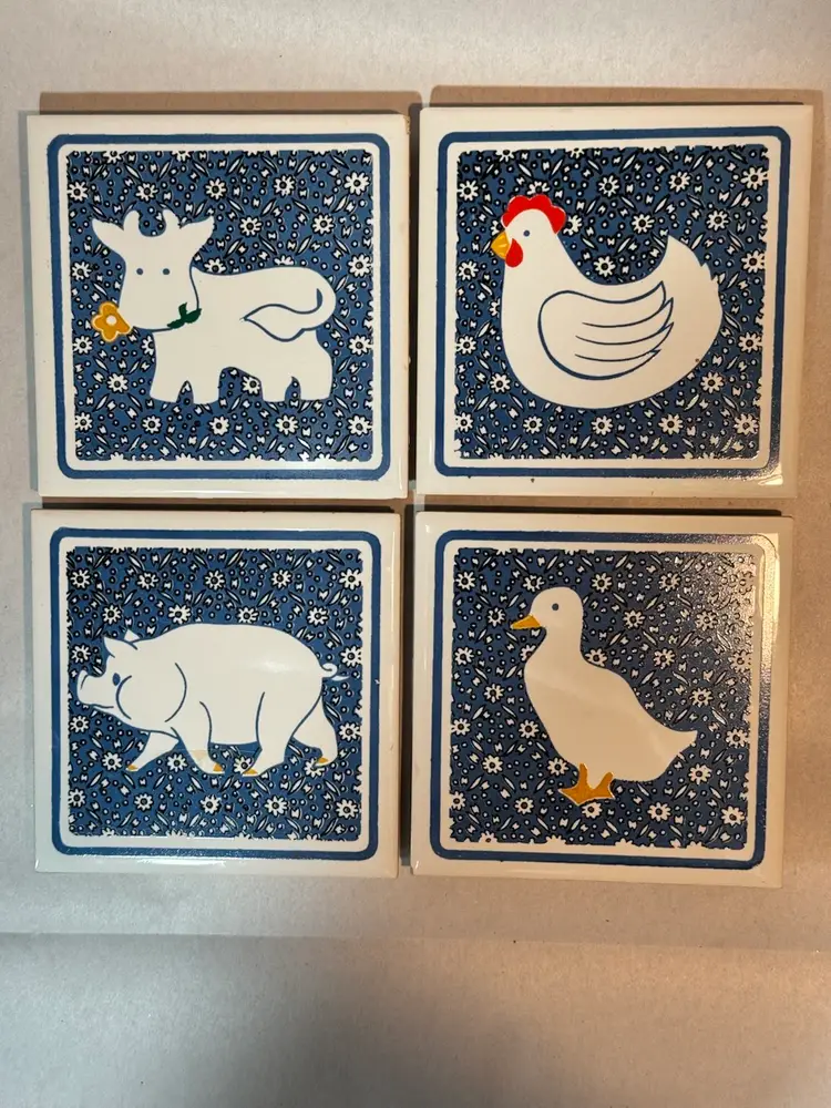 Vintage Art Ceramic Tile Trivet Coaster Set 4 Country Farm Animal Kitchen Taiwan