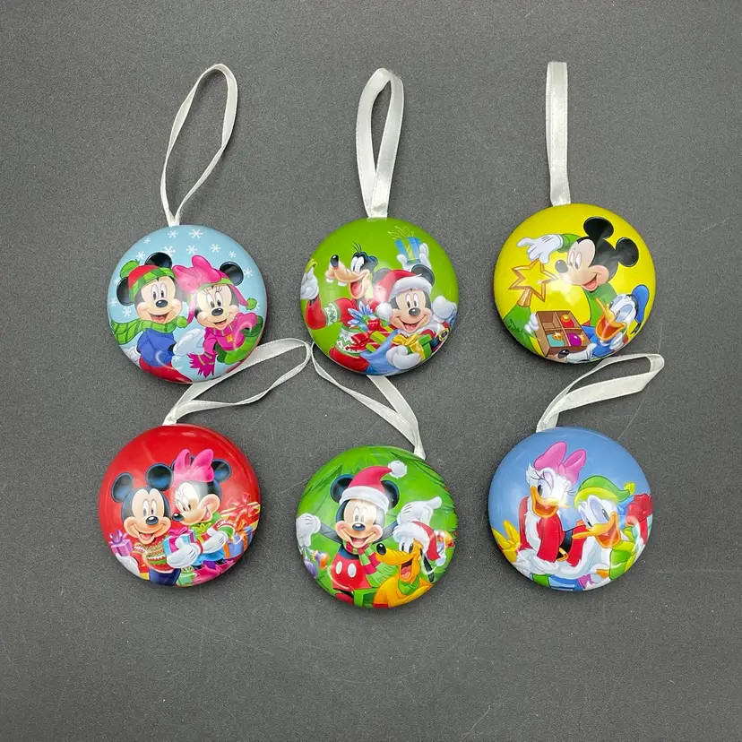 Disney Tin Container Christmas Ornaments Mickey & Friends Set of 6 Minnie Mouse