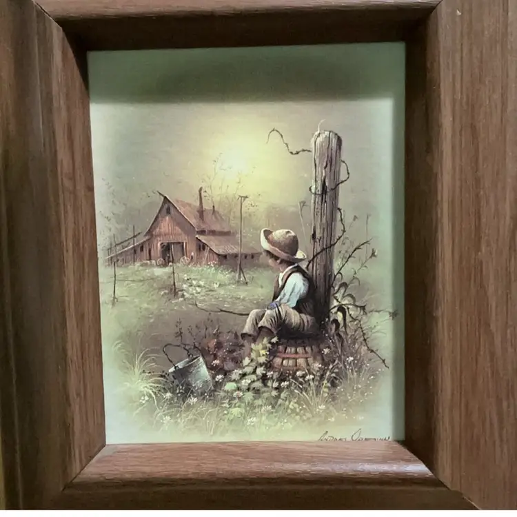 Vintage 1970s Lot Oh Two Framed Art Prints. Signed By The Chilean Artist Andres Orpinas. Artwork Of “Farmhouse Girl “with Flowers And Natural Landscape. Artwork “Of Fishing Boy “With Farmhouse And Natural Landscape. Andres Was Well Known For Beautiful Natural Landscape Paintings.