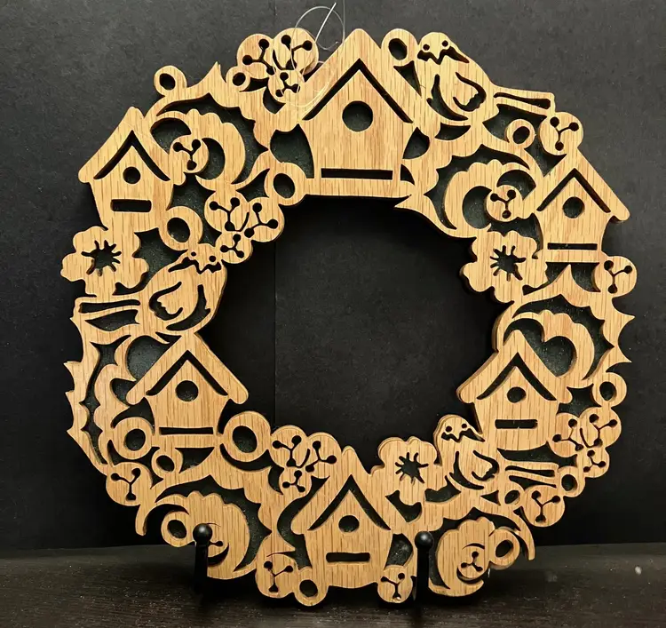 Laser-cut Wooden Wreath with Birdhouse Birds Flowers