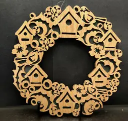 Laser-cut Wooden Wreath with Birdhouse Birds Flowers