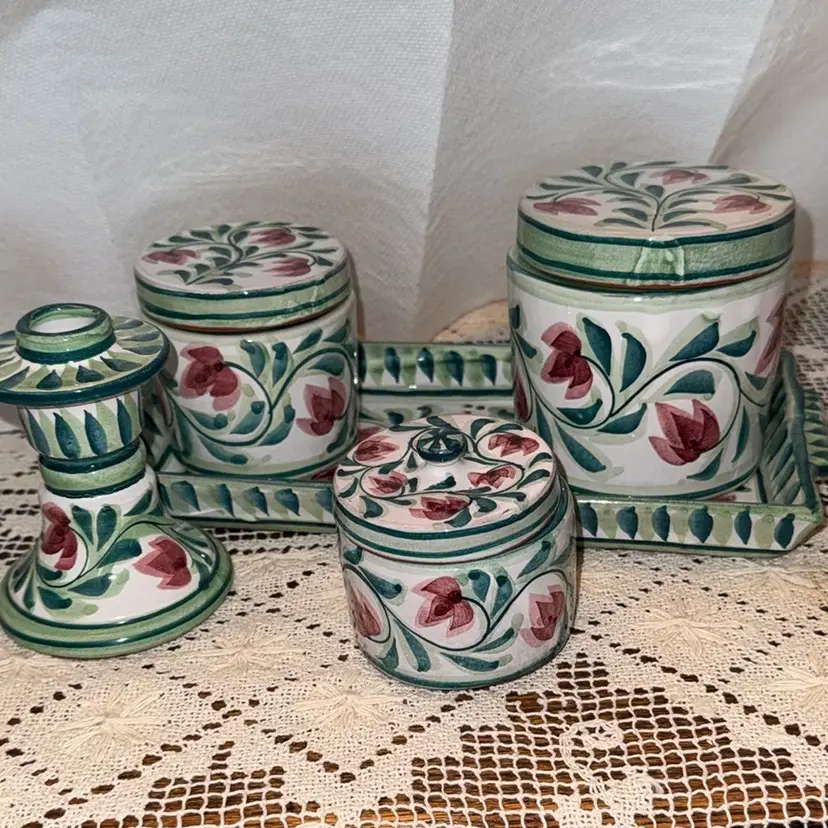 Vintage Redware Pottery Vanity Set Signed