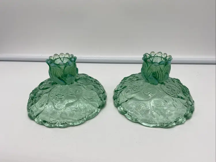 Vintage Fenton Green Transparent Water Lily Candlestick Holders Set Opalescent Leaves