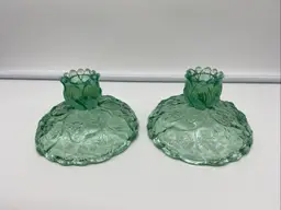 Vintage Fenton Green Transparent Water Lily Candlestick Holders Set Opalescent Leaves