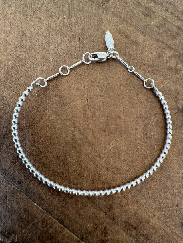 Sterling Silver Beaded Cuff Bangle Bracelet With Silver Link Chain And Clasp #84
