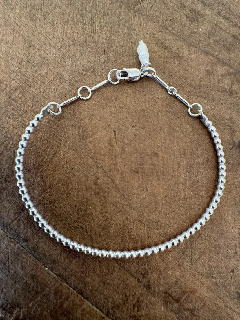 Sterling Silver Beaded Cuff Bangle Bracelet With Silver Link Chain And Clasp #84