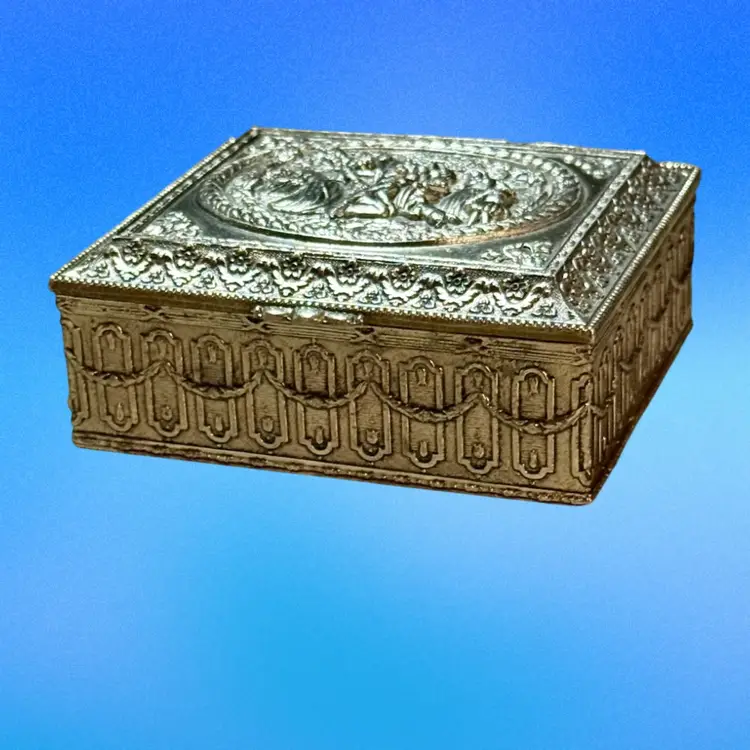 Vintage Ornate Metal Jewelry Victorian Scene Japan Silvertone Lined Trinket Box