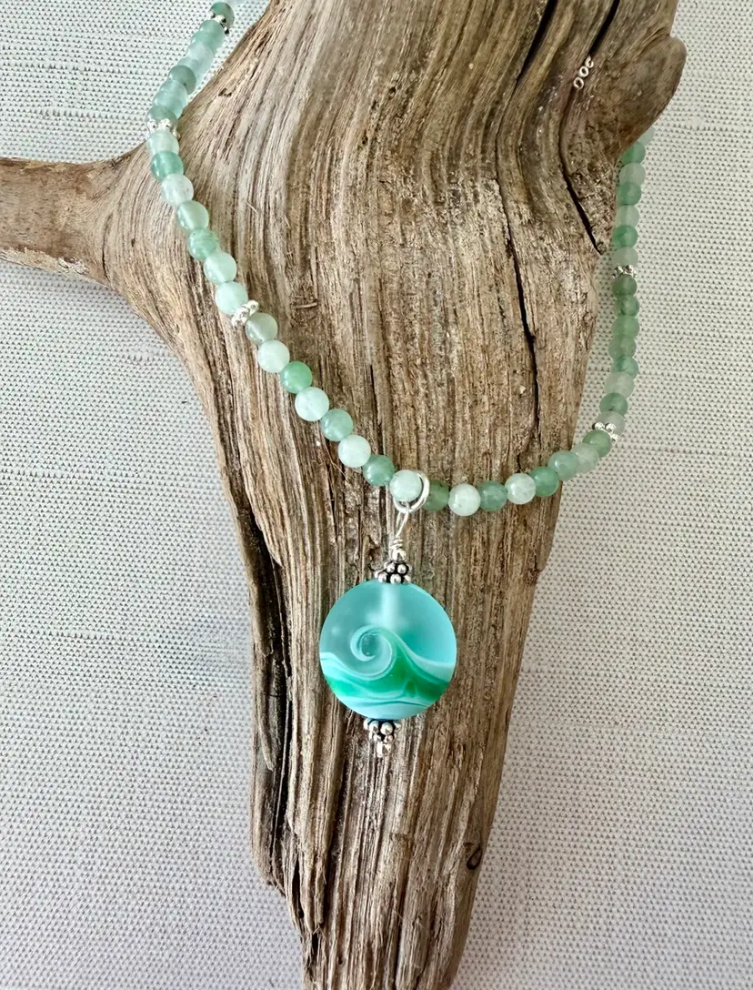 One Of Kind Lampwork Wave Pendant And Aventurine Beaded Necklace