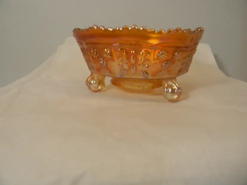 Butterfly and Berry Footed Bowl with marigold Iridescent luster (4 3/4" W X 2 1/5 T)