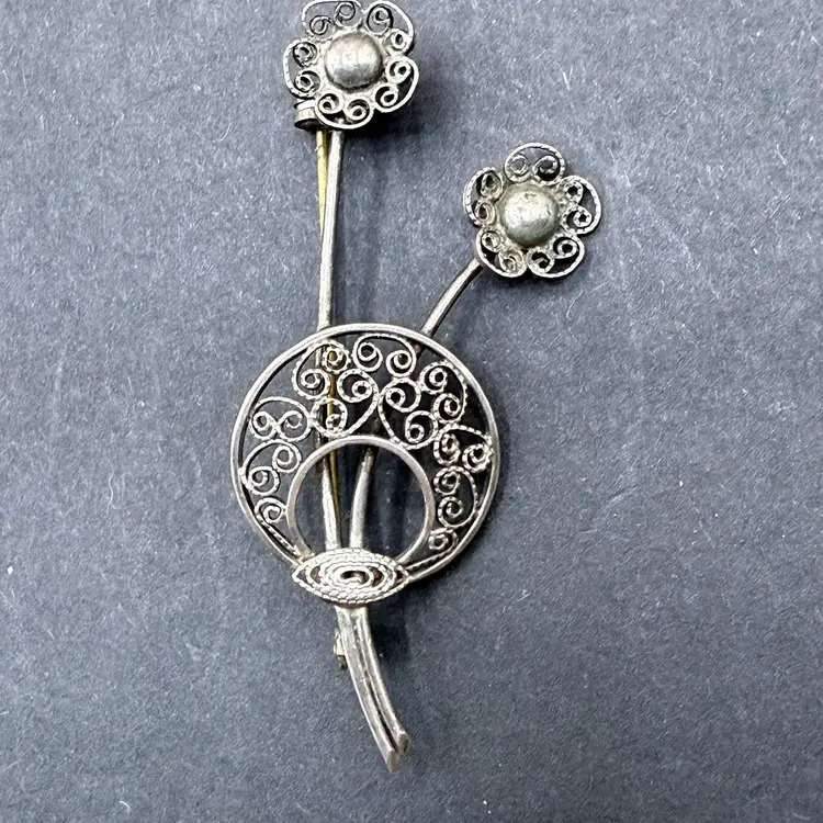 Antique Signed 835 Sterling Filigree Floral Brooch