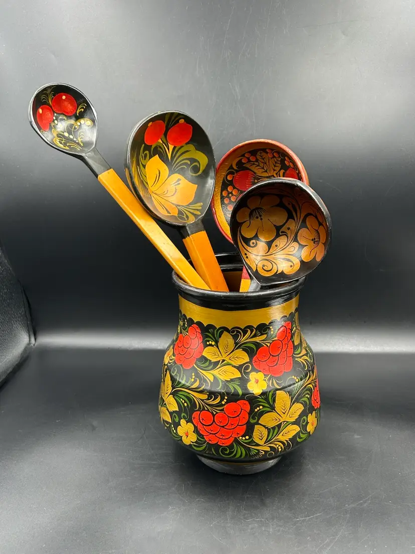 5 Vintage Russian Khokhloma Tableware Pieces Folk Art