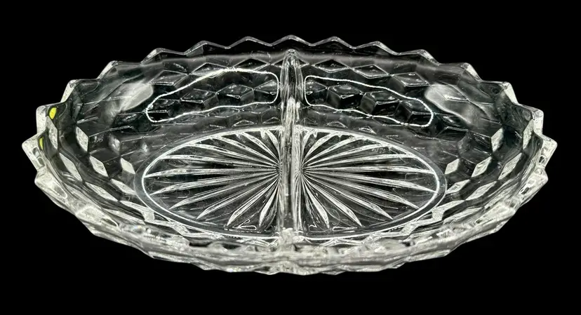Vintage Fostoria Cubist Oval Clear Glass Serving Bowl Vegetable Dish Divided 10”