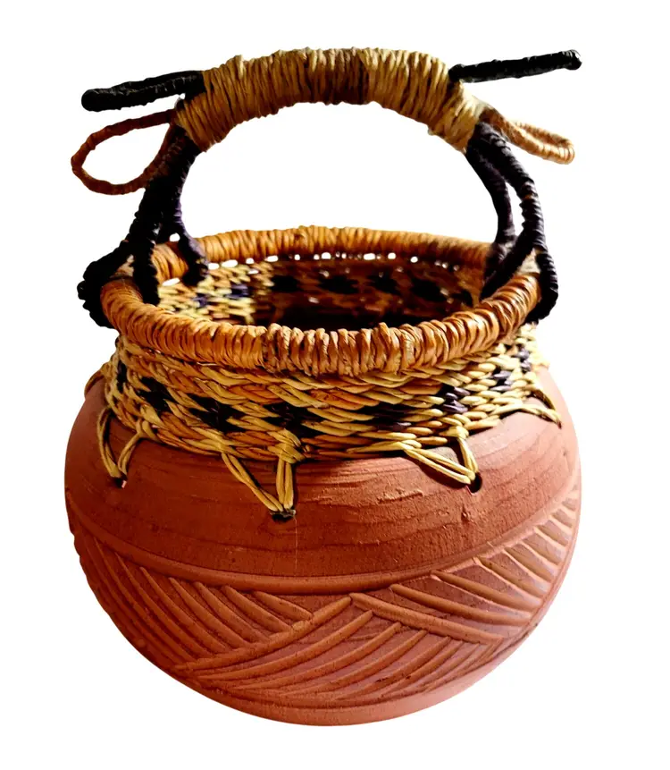 Ghana Artisan Red Clay Pottery and Rustic Basket Handwoven African Decor 8.5"