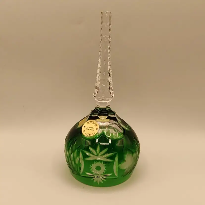 Vtg Herzog Kunst Hand Crafted Crystal Green Cut To Clear Hostess Bell