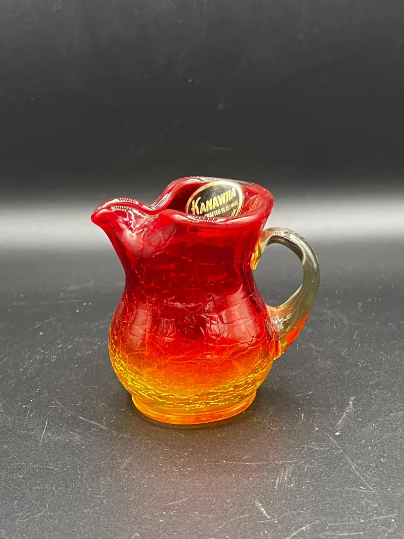 Vtg KANAWHA Glass Amberina Small Crackle Pitcher 3" Red Yellow GLOWS