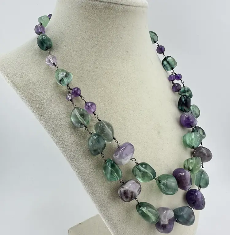 16” 925 Necklace W Chunky Gorgeous Fluorite & Amethyst Nuggets 016