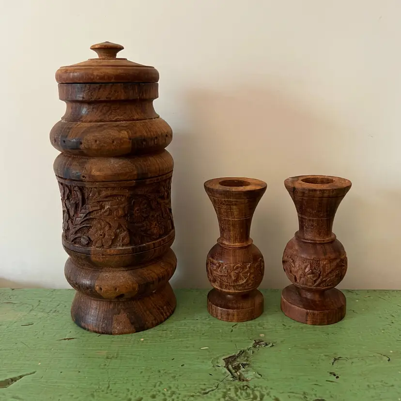 Rosewood Hand Carved Canister & Candle Holder Set. Made in India. Retro Boho Home Decor