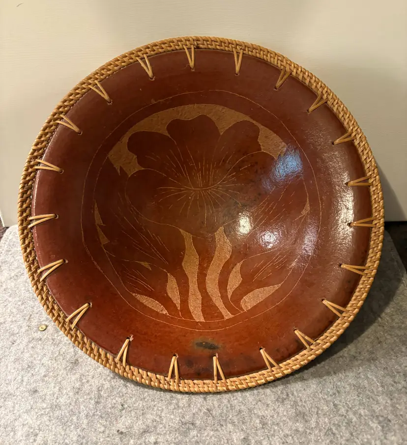 13" Terra Cotta Bowl With Woven Trim/ Beautiful Flower Design   # 2839