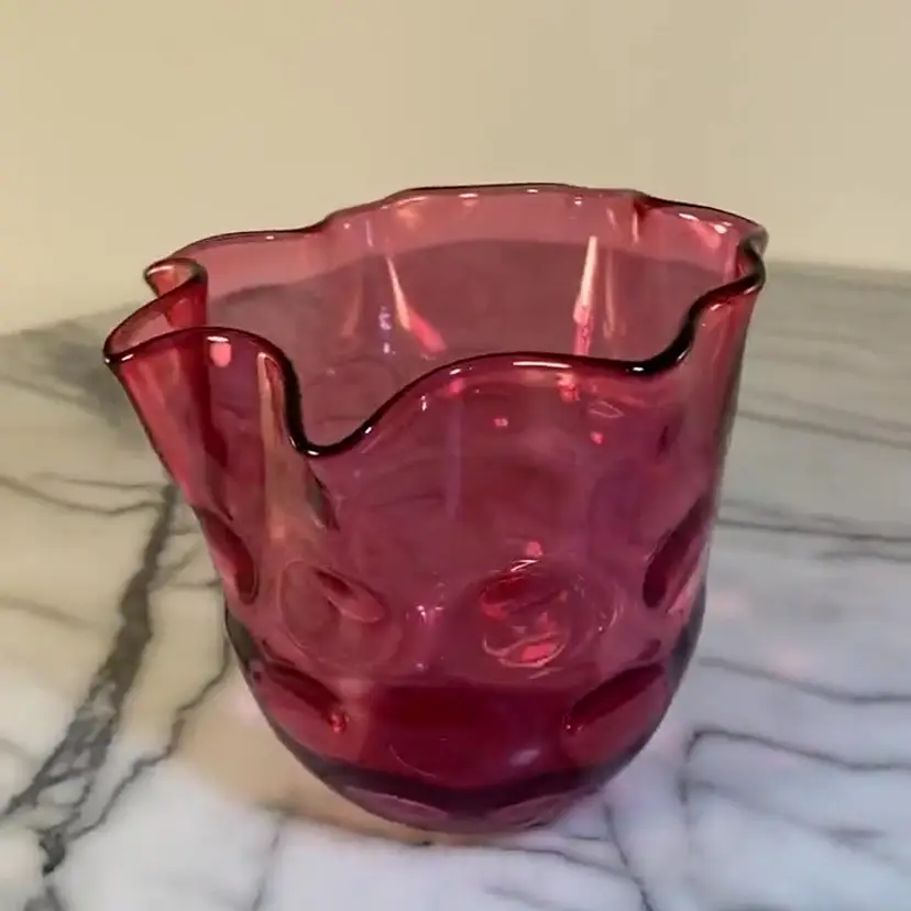 #0412 Vintage Cranberry Pink Fenton Coin Dot Art Glass Ruffled Optic Vase