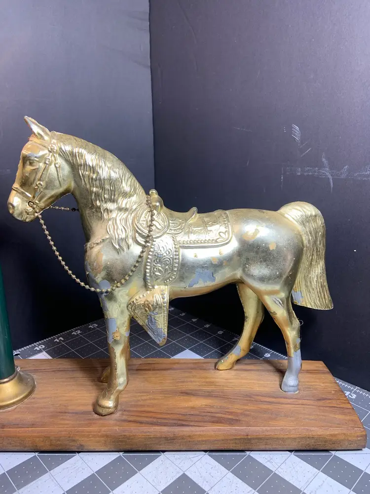 Vintage Brass Saddled Horse Lamppost Night Stand Lamp Wood Base Mounted Paint Wear