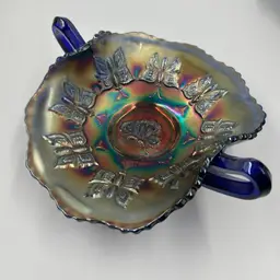 Vintage Fenton Cobalt Blue Carnival Glass Butterflies Bonbon Bowl With Handles