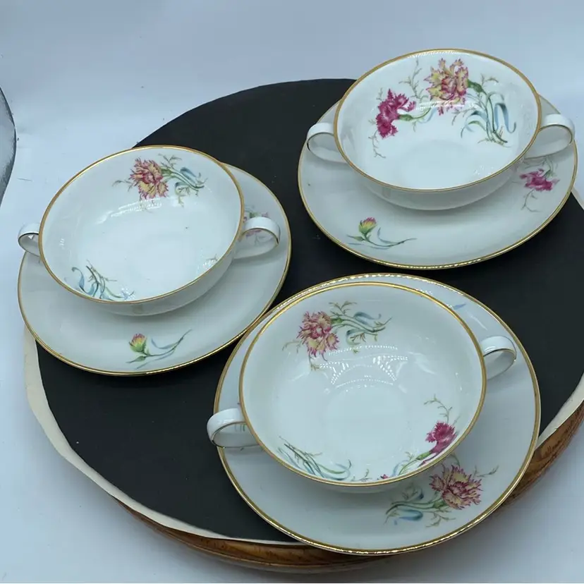 #1610 - Heinrich Bavaria set of 4  soup bowls and saucers with Carnation Floral Design