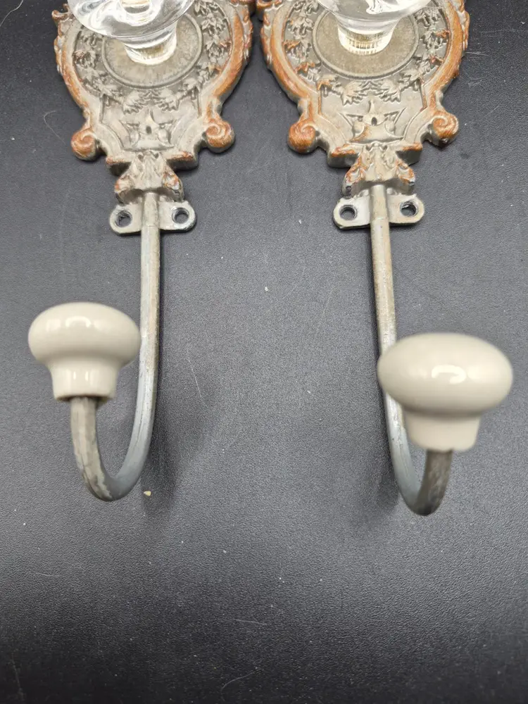 Vintage Ornate Wall Hooks With Clear Glass Accents & Ceramic Ends Set Of 2