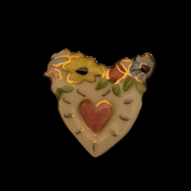 Vintage Handpainted Ceramic Heart Brooch