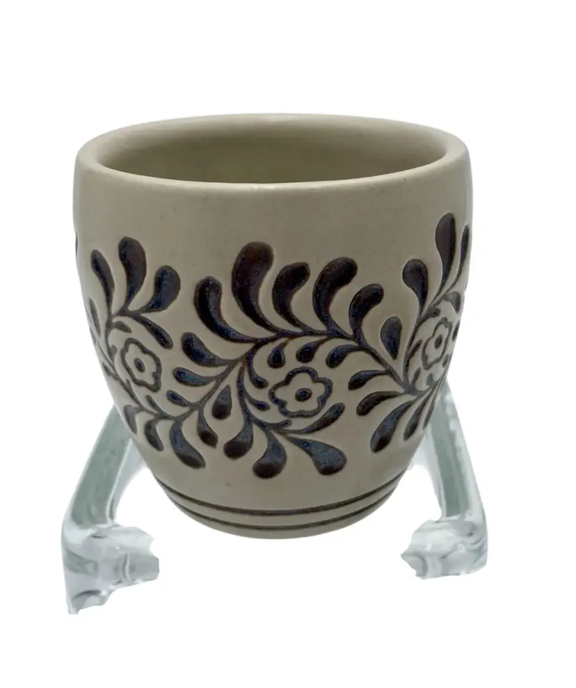 Ceramarte Stoneware Cup/Candle Holder, Taupe/Brown Florals, Made in Brazil
