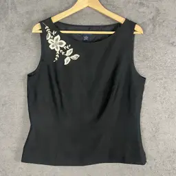 Ann Taylor Sleeveless Blouse Womens 14 Black Embroidered Silk Elegant Classic