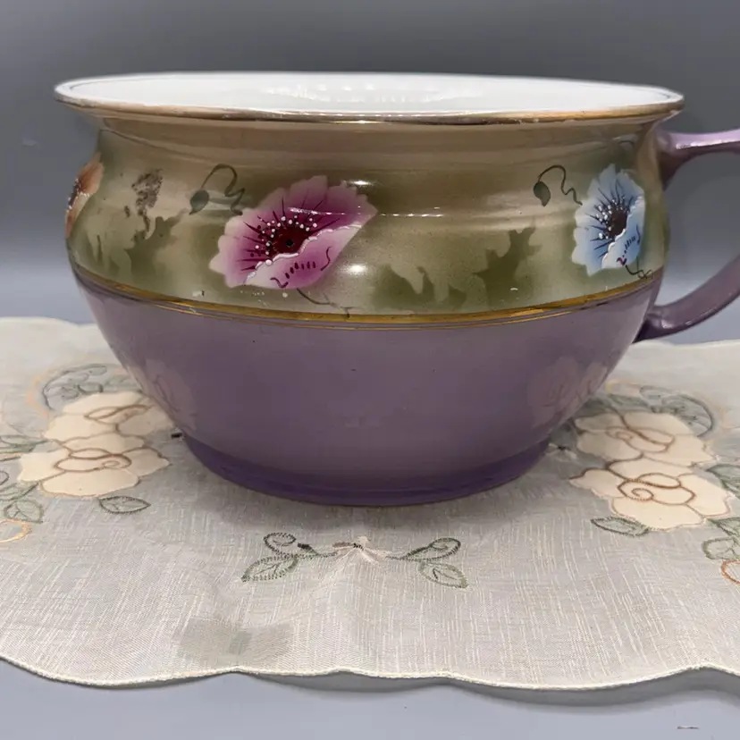 Vintage Palissy England Ceramic Chamber Pot Purple Floral Planter 1940s 9x5.5”