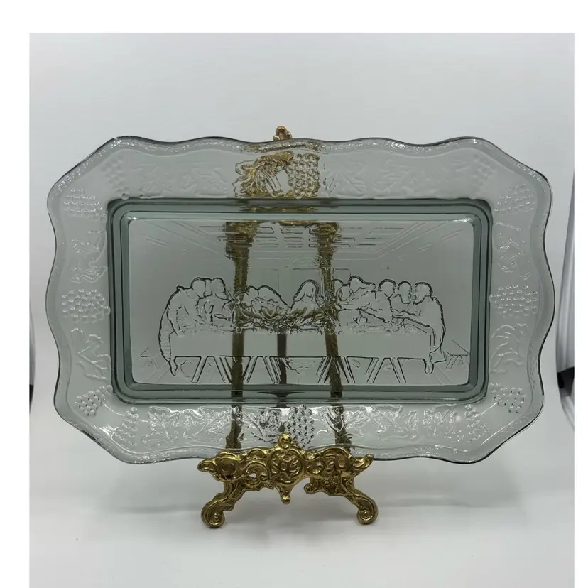 Vintage Smoky Gray Tiara Glass 'Last Supper' decorative tray with grape border.