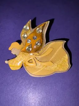 Vintage Designs By Lucinda Flying Angel Pin / Brooch - She is Wearing a Golden Shimmery Robe With Wings of Gold and Rhinestones ~ BEAUTIFUL