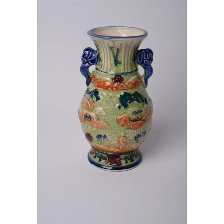 Vintage Chinoiserie Vase Ceramic Majolica Colorful Asian Landscapes Lions