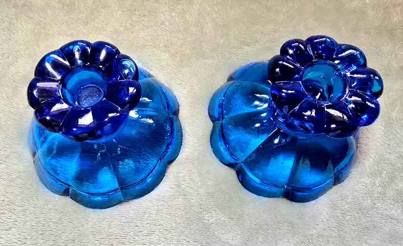 Vintage Set of Blue Cobalt Glass Candle Holders
