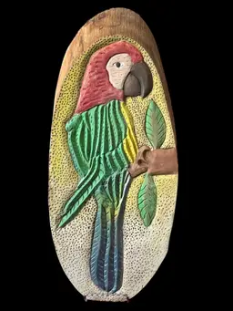 Vintage Hand Carved/Wood Burned Parrot | Hand Painted | Live Edge