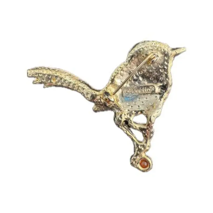 Vintage Gold Tone Rhinestone Bird on Perch