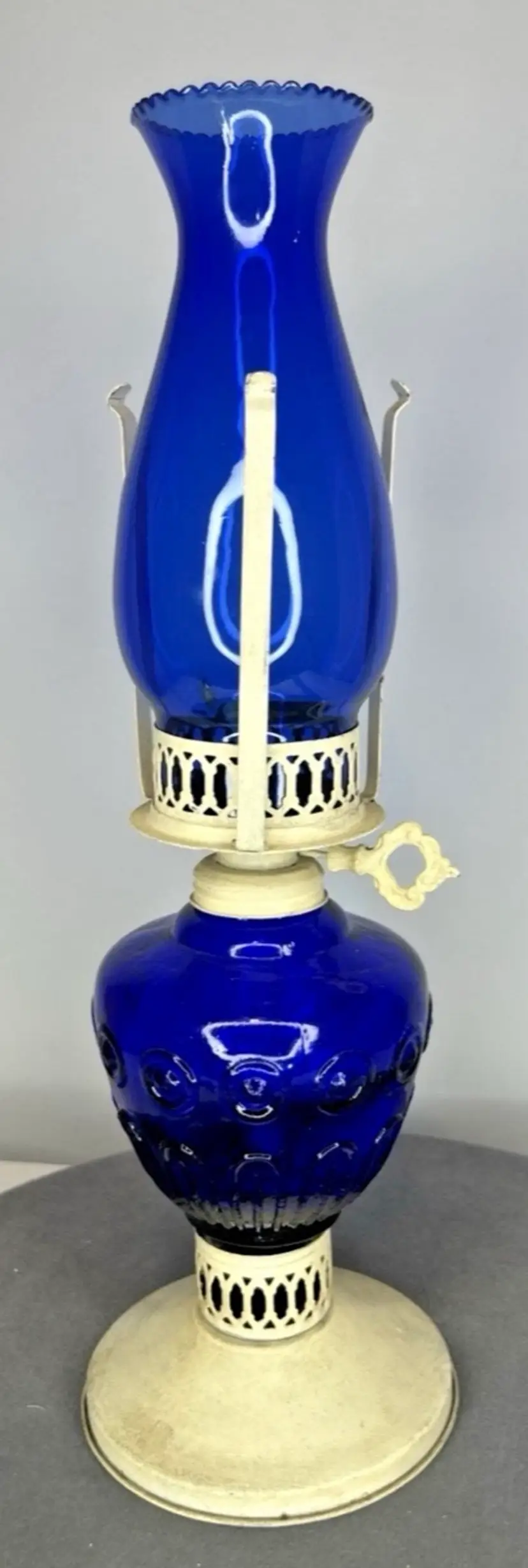 Vintage Cobalt Blue Swirl Glass & Metal Kerosene Lamp 16" Tall ~Hong Kong