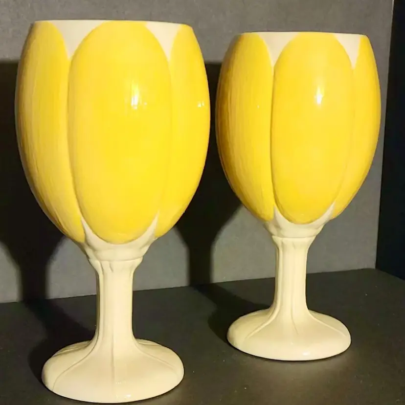 Yellow White Vintage Goblet Wine Glasses Ceramic Pottery Yellow White