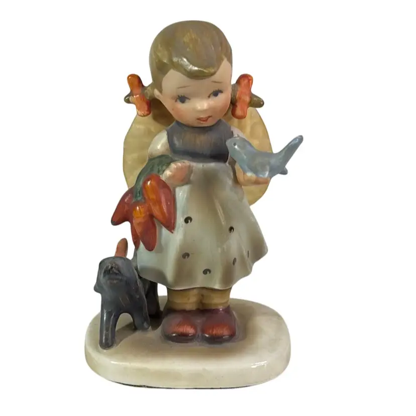 019. Vintage Japan Ceramic Girl with Dog and Bird 5” As Is