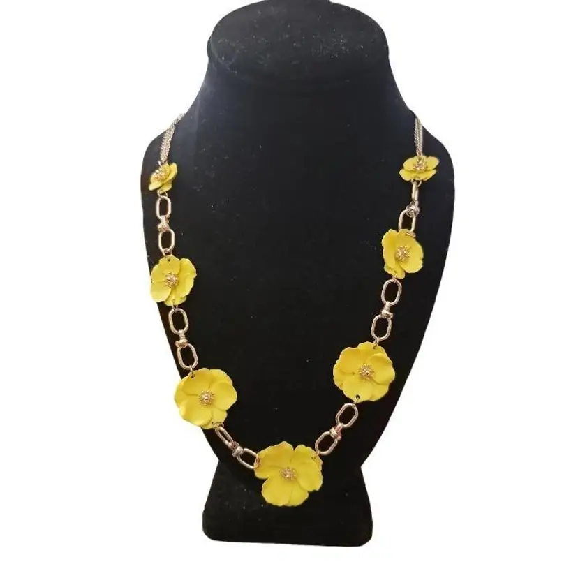 Spring Sunshine Yellow Flower Necklace Faux Leather Acrylic Gold Tone Double Chain