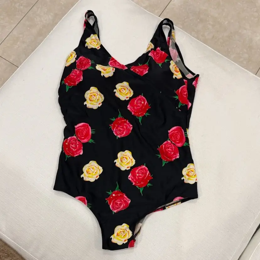 Vintage Floral Black Swimsuit with Red and Yellow Sequin Roses XL