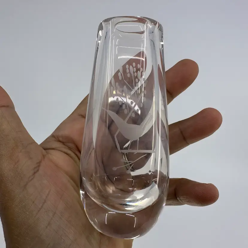 Mini Bud Vase With Bird Etching Signed 4.5”