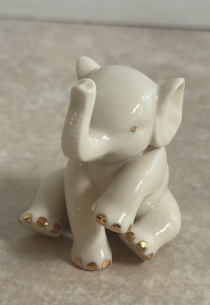 Lenox Elephant Porcelain Figurine Trunk Up White 24k Gold Hand Painted Vintage