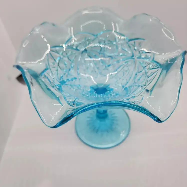 Vintage Blue Pressed Glass Footed Ruffled Edge Compote Candy Dish flower peddles