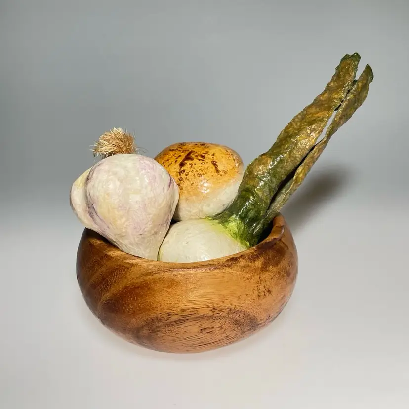 Paper Papier Mache Vegetables in Acacia Wood Bowl Onion Mushroom & Garlic Vintage Decor