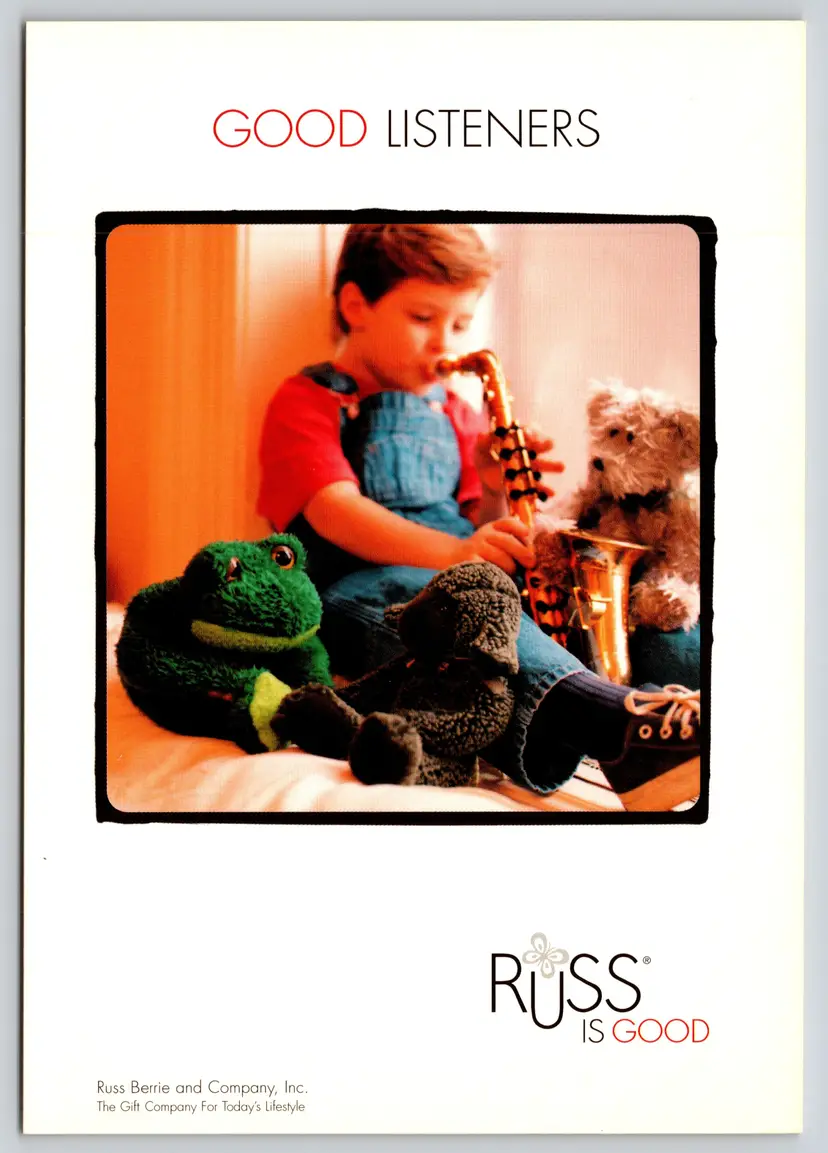 Postcard Russ Berrie and Company Advertising Boy with Saxophone Stuffed Animals, Russ is Good Plushie - 10835