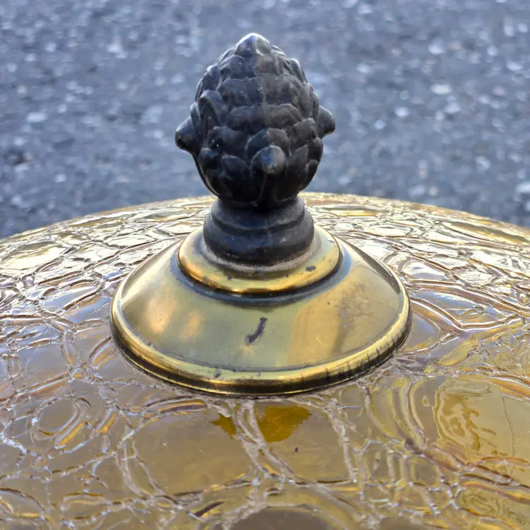 Crackle Glass Amber Globe Ceiling Light & Metal Finial 11" diameter 8” tall 3⅞” Hole Mid-Century Modern Vintage